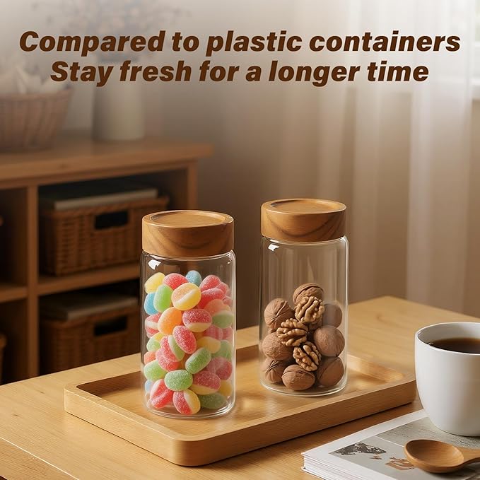 2-Pack 13 oz Glass Mason Jars with Acacia Wood Lids - Sealable, Leakproof, Clear & Stackable Food Storage Containers for Spices, Meal Prep, Flour, Sugar & Snack Storage