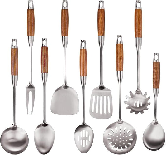 9 PCS 304 Stainless Steel Kitchen Cooking Utensils set with Wooden Handle, Metal Kitchen Utensils Set, Large Heat Resistant Wooden Handle Kitchen Tools, Stainless Steel Wok Spatula