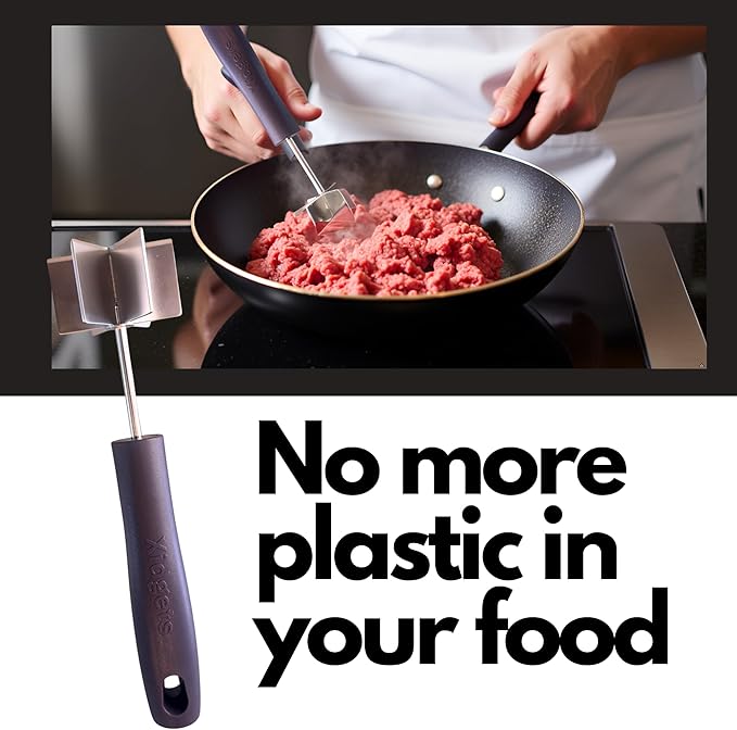 Large Stainless Steel Meat Masher, Ground Beef Chopper with Heavy Duty Handle & Mashing Head for Ground Beef, Turkey, and More – Dishwasher Safe (Midnight Plum 10")