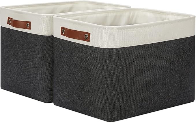 DULLEMELO Storage Bins Large-16"x12"x12" With Leather Handles for Organizing,Decorative Collapsible Storage Baskets for Shelves Closet Home Office (White&Black)