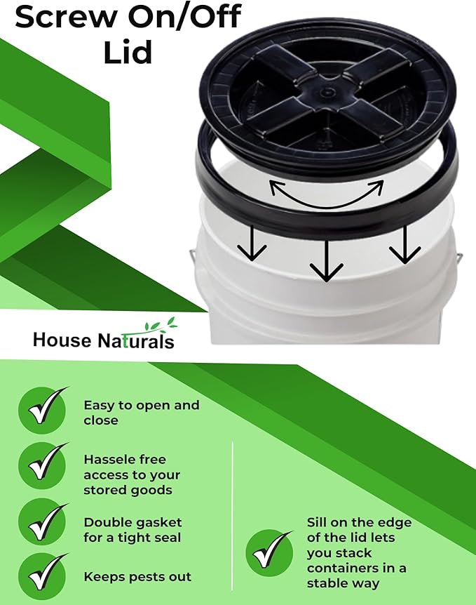 House Naturals 5 galon Food Grade Plastic Bucket Pail Container- 3 Color Air Tight Screw On Lid (Pack of 3)
