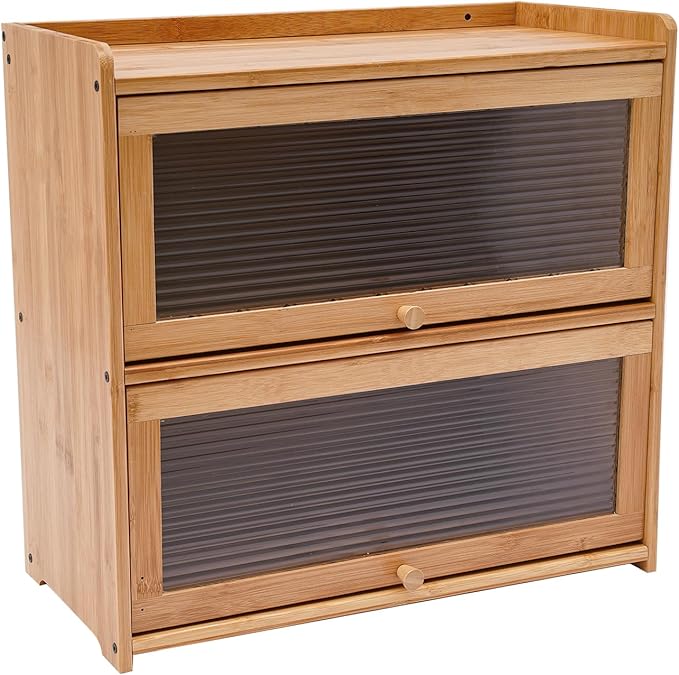 Storage Cabinet, Natural Bamboo Storage Bins and Boxes Organizer, Acrylic Door 2-Tier Design Vertical Storage Space Countertop Storage Cabinet, Deck Mounted Open Top Floor Kitchens Cabinets