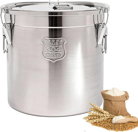 8.72Gal/33L Stainless Steel Airtight Canister, 304 Stainless Steel Airtight Food Storage Container with Lid and Lock Clips, Large Metal Storage Canister for Coffee Beans, Flour, Tea, Sugar, Cereals