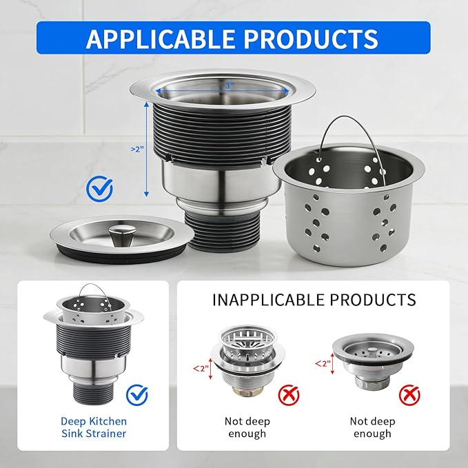 POPFLY SUS 304 Stainless Steel Deep Sink Strainer Basket – Fits Standard 3-1/2" Kitchen Drains, 2.5" Replacement Option – Removable Drain Basket with Handle for Easy Food Debris Cleaning