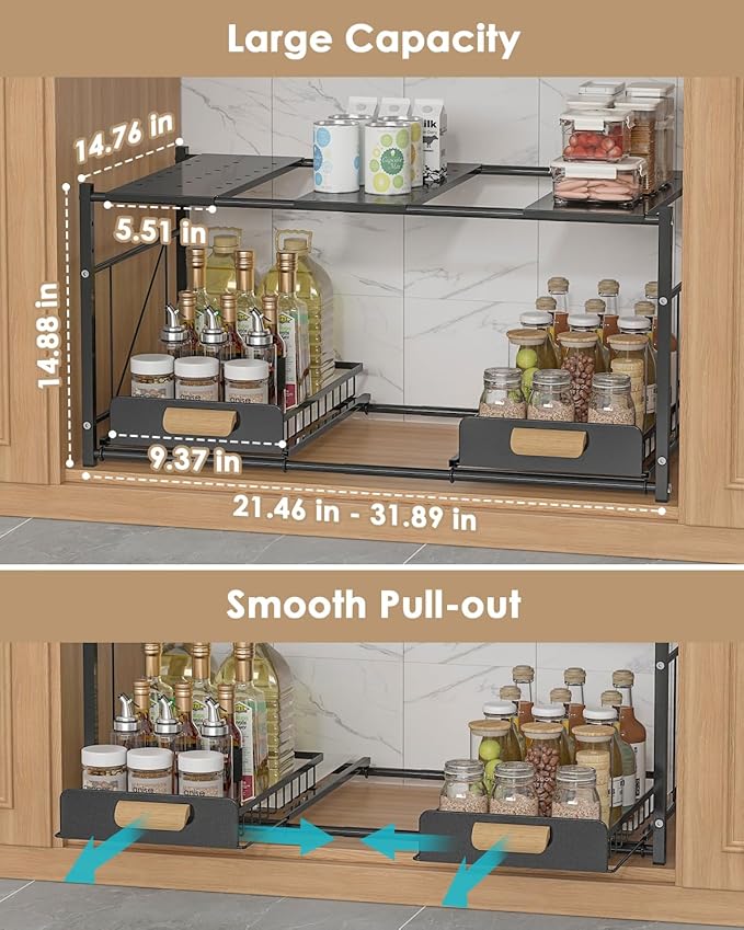 REALINN Extendable Under Sink Organizer, 2 Tier Expandable Under Cabinet Organizer Shelf with Height Adjustable, Retractable Cabinet Storage, Black