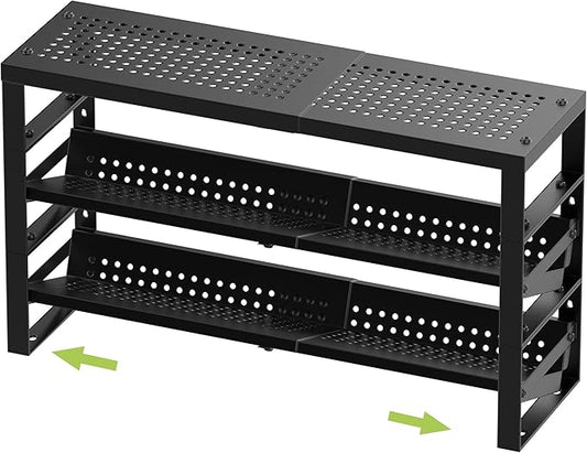 Expandable, Stackable, Adjustable Spice Rack kitchen Organizer,Metal Pantry Storage Shelves - Multi-Tier Shelf for Cabinet, Countertop, Pantries, Cupboard or Wall Mount,Black