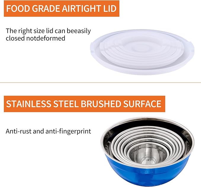 Onlycooker Blue Mixing Bowls With Airtight Lids,Stainless Steel Bowl,Salad Bowls 7 Piece Colorful Nesting Bowl Blue Kitchen Accessories,Size 7,3.6,2.7,2.1,1.5,1.1,0.8QT Stackable Design