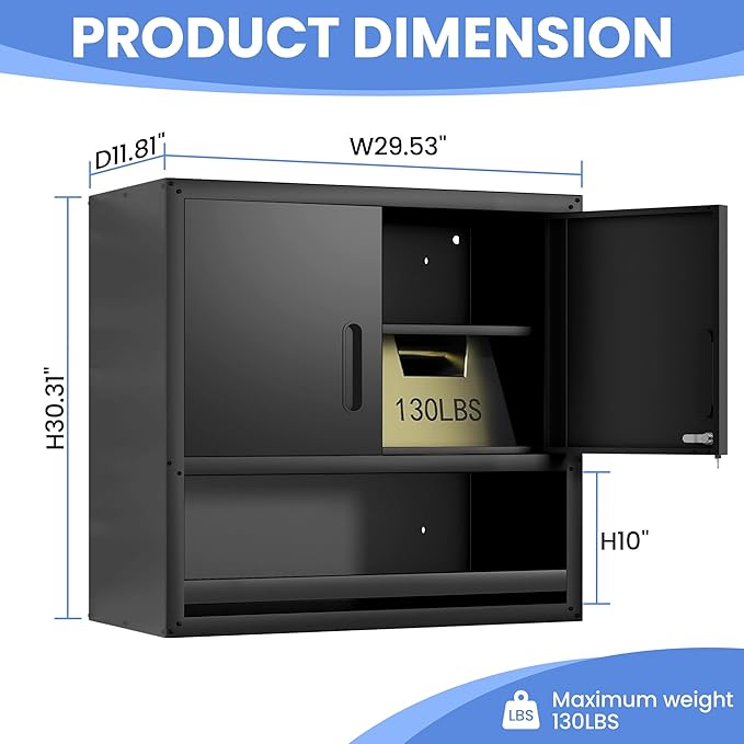BIZOEIRON Garage Wall Cabinet with Doors and Shelves, Wall Mounted Metal Storage Cabinet with Open Storage, Lockable Hanging Tool Cabinet for Garage Utility Room, Black
