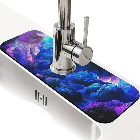 Kitchen Sink Splash Guard，Dark blue purple clouds Faucet Mat Sink Gadgets-Super Absorbent Fast Drying Mat Drip Catcher for Kitchen, Bathroom,Sink Mat, Dish Drying Mat, Bathroom(15" X 5.5" )