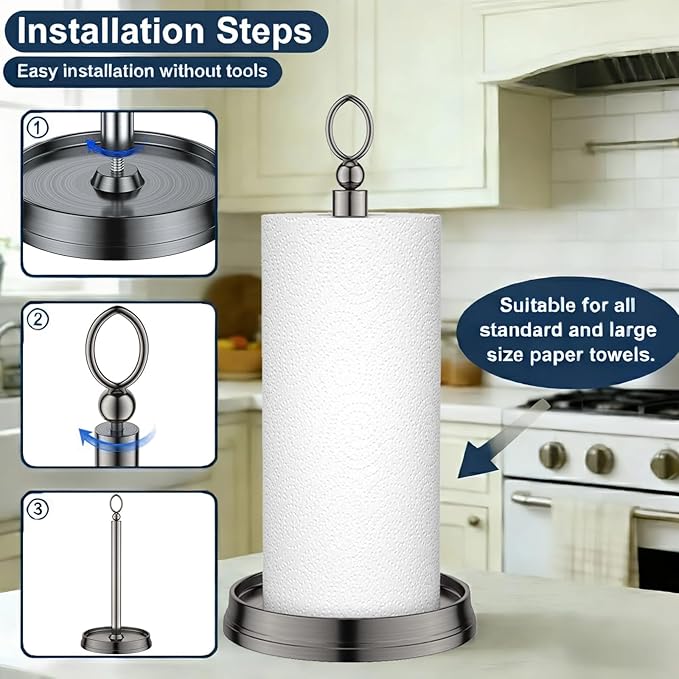 KASUNTO Paper Towel Holder With Heavy Weighted Base - Steel Countertop Stand for Kitchen, Bars & Dining Tables - Fits Standard & Jumbo Rolls - Brushed Nickel