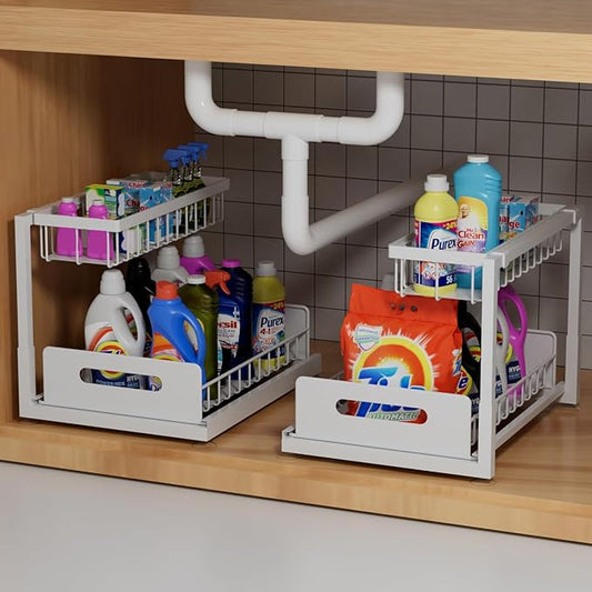 Lxmons 2-Tier Under Sink Slide Out Organizer, 2 Pack Pull Out Cabinet Storage Shelf with Sliding Wire Basket Drawer for Bathroom Kitchen, Countertop or Pantry Shelf, White