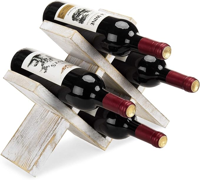 MyGift 4-Bottle Whitewashed Rustic Wood Wine Rack - Farmhouse X-Design Countertop Storage, Compact for Kitchen, Bar, Coffee Station (Holds 750ml Bottles, Easy Clean)