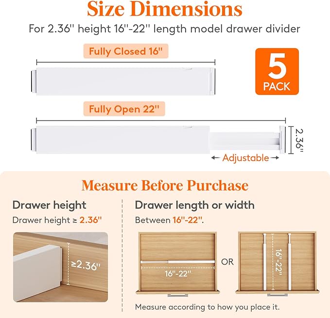 Lifewit 5 Pack Kitchen Drawer Dividers 2.36" High, 16"-22" Adjustable Drawer Organizer for Utensils/Clothes/Makeup, Plastic Expandable Separators in Dresser/Bedroom/Bathroom/Office Storage