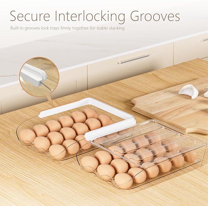 Proarea Egg Holder for Fridge 36 Capacity Automatic Rolling Egg Organizer for Refrigerator, Clear Stackable Container for Kitchen or Pantry Storage 2 Pack
