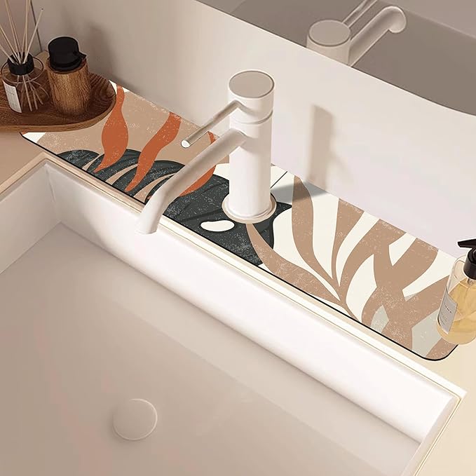 Mid Century Boho Leaves Kitchen Sink Splash Guard Absorbent Fast Drying Mat Faucet Draining Guard Behind Faucet Drip Catcher for Kitchen Bathroom 5.5"24"