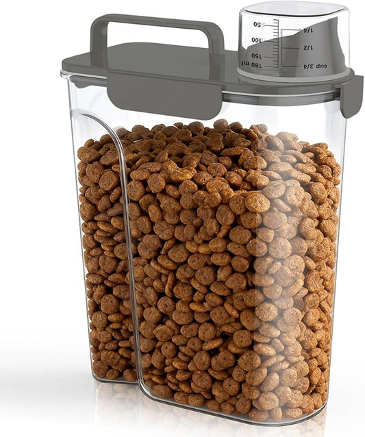 Dog Cat Food Storage Container, 5-7Lbs Pet Food Containers, Airtight Cat Food Container with Portable Handle & Measuring Cup, Small Animal Dry Food Dispenser for Dogs, Cats and Birds Grey