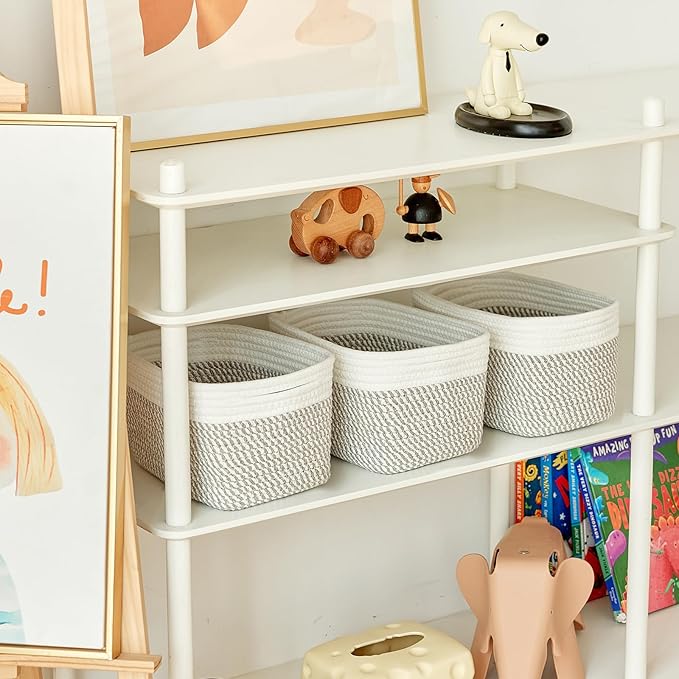 R RUNKA Small Cotton Rope Basket – Storage Bin for Organizing (10.6" x 6.7" x 6.7"), Bathroom Storage Basket for Shelf, Counter & Closet（White & Mixed Grey）