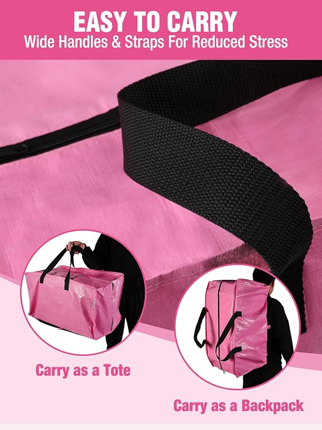 WORKPRO 4 Pack Extra Large Moving Bags with Zippers & Carrying Handles Backpack Straps, Heavy-Duty Storage Tote for Space Saving Moving Storage (Pink)