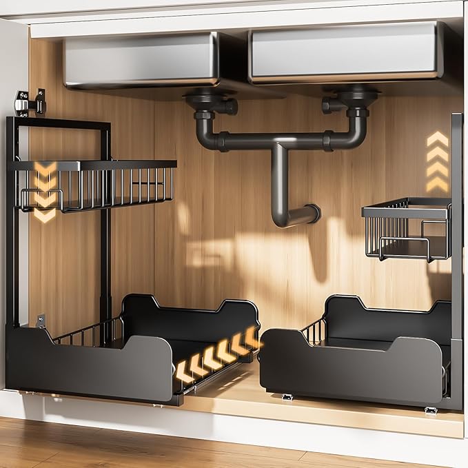 Under Sink Organizer, 2-Tier L-Shaped Pull Out Cabinet Shelf with 2 Installation Methods, Adjustable Sliding Storage Drawer for Kitchen, Bathroom, Laundry, Metal, Black