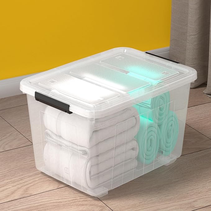 70 Quart 4 Pack Plastic Storage Bins with Latch Lids and Wheels, Clear Large Latching Storage Container