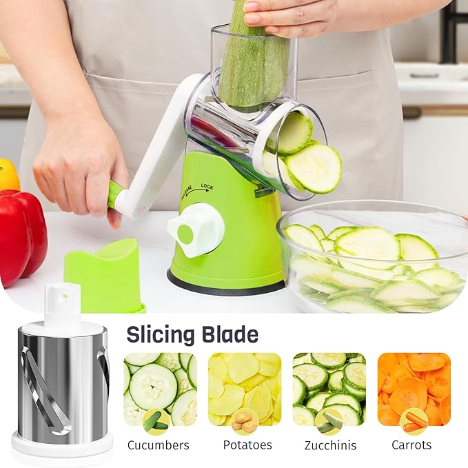 Nexsujo Rotary Cheese Grater Hand Crank, 3 Blades Slicer Shredder, Cheese Grater for Kitchen, Multi-Functional Kitchen Tool for Vegetables, Nuts, Chocolate, with Strong Suction Base, Green