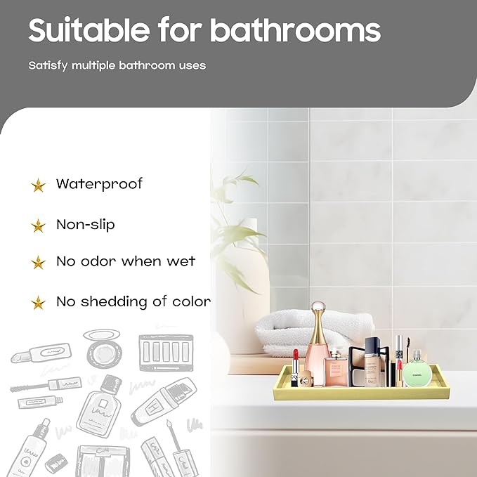 Mriluvy Vanity and Bathroom Tray, 11.8" ABS Countertop Organizer,Waterproof Vanity Tray for Toilet Tank,Perfume,Soap,Keys,Bathroom Accessories,Kitchen and Bath Trays,Non Slip Small Trays,Gold