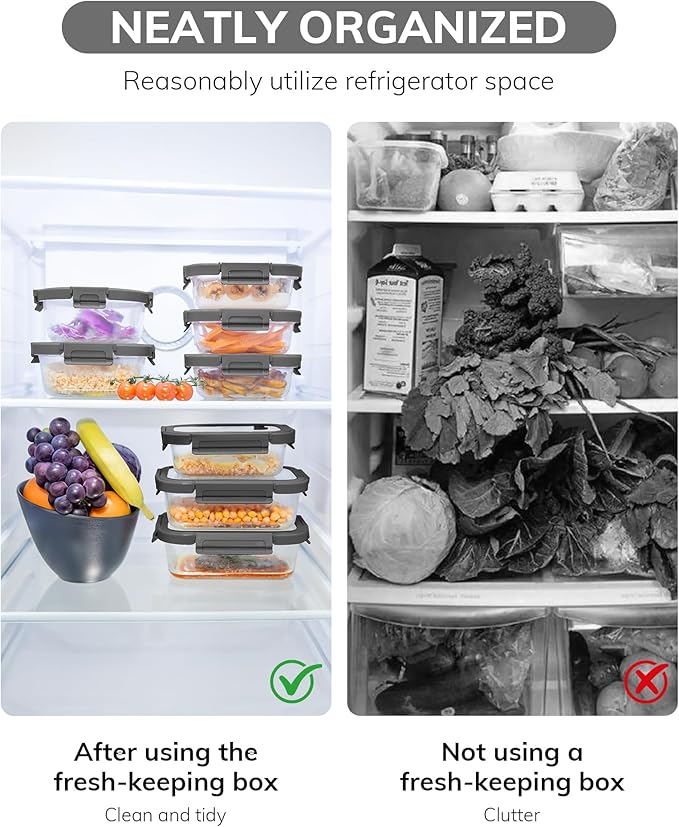 BOROHOUSE 2-Pack Glass Food Storage Containers with Tempered Lids (630ml/2.7cup) - Airtight Snap Lock, Microwave & Oven Safe (-4℉~ 950°F), Freezer to Baking Dish, BPA-Free, Gift Box (Gray)
