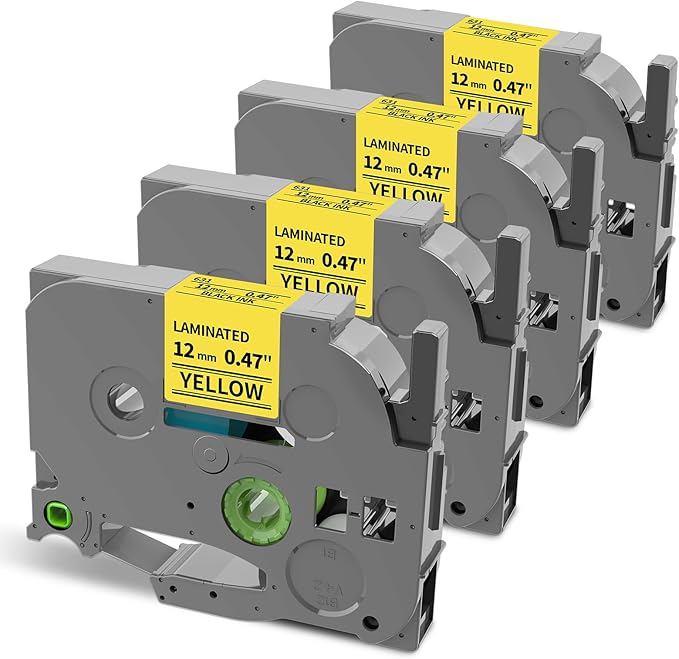 Oozmas Label Tape Yellow Replacement for TZe-631 Brother Label Maker Tape 12mm 0.47 TZE631 TZ Tape Laminated Ptouch Black on Yellow Compatible with Brother P-Touch Label Tape PTD210 PTH110, 4Pack