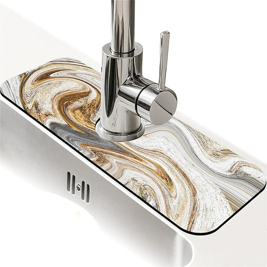Kitchen Sink Splash Guard，White grey gold marble Faucet Mat Sink Gadgets-Super Absorbent Fast Drying Mat Drip Catcher for Kitchen, Bathroom,Sink Mat, Dish Drying Mat, Bathroom(15" X 5.5" )