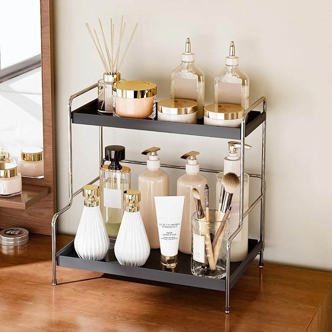 SanDream Foldable 2-Tier Bathroom Organizer Countertop & Vanity Shelf, Durable All-Iron Sink Organizer with Elegant Gray Finish, Space-Saving for Makeup, Skincare, Kitchen Storage