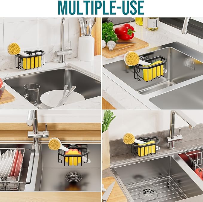 TAILI Sponge Holder with Strong Suction Cup, Dish Sponge Caddy Inside Sink Removable, Rustproof Aluminum for Sponges, Brushes, Stoppers and Scrapers - Black