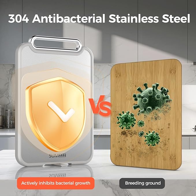 Sumzzz Stainless Steel Cutting Board for Kitchen, 2-in-1 Double-Sided Chopping Board, Food Grade Stainless Steel/PP (Silver, Set of 2(S+M))