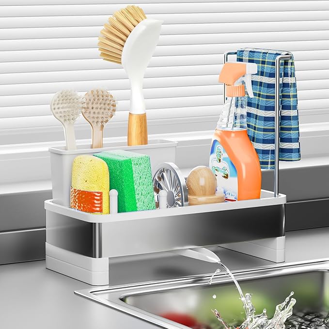 Sponge Holder for Kitchen Sink, Stainless Steel Sink Caddy with Brush Holder, Dishcloth Rack and Holds Soap Dispenser, Auto-Drain Rustproof Countertop Organizer (White)
