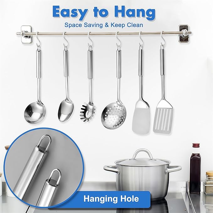 Cooking Utensils Set 11pcs - Stainless Steel Kitchen Utensils Set with Holder, Heat Resistant Kitchen Utensils Sets for Cooking with Turners, Potato Masher, Skimmer, Spoons, Ladle, Tongs, Whisk