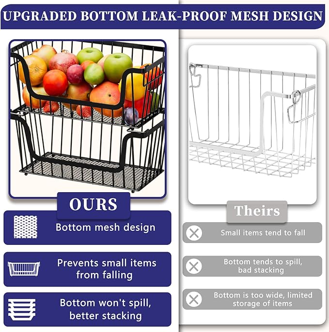 4 Pack Enhanced Leak-Proof Bottom Stackable Wire Baskets, Pantry Organizers and Storage, pantry storage，Shelf Baskets, Fruit Basket, Potato and Onion Storage Bins，(Black)