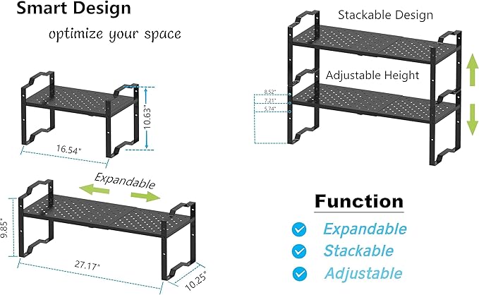 Jojocross Expandable Shelf for Cabinet Organizer Adjustable Stackable Spice Rack at Kitchen and Bathroom More, Counter Countertop Cupboard Organization Pantry Storage (1 Pack/Black, Large)