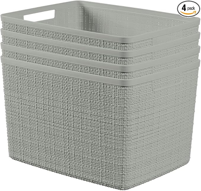 Curver Set of 4 Jute Large Decorative Plastic Organization and Storage Baskets, Perfect Bins for Home Office, Closet Shelves, Kitchen Pantry and All Bedroom Essentials, Grey