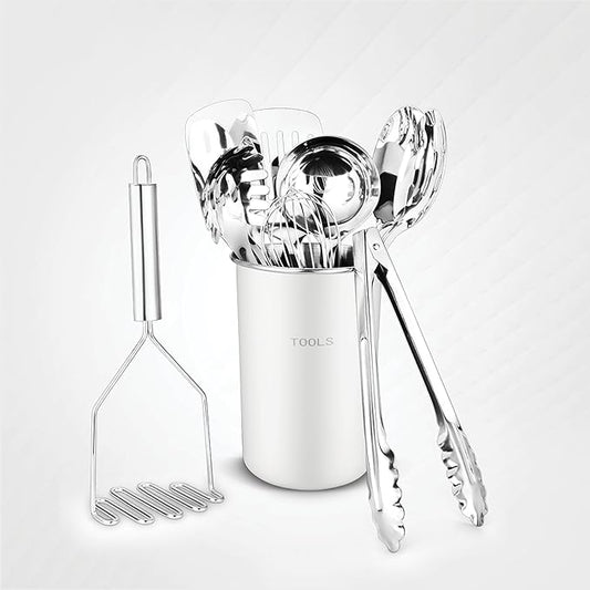 Avador® Premium Set of 10 Stainless Steel (WHITE HOLDER) Kitchen Tool Set with Holder Easy To Clean, Space Saving, Great for Cooking, Baking, Prepping (WHITE)