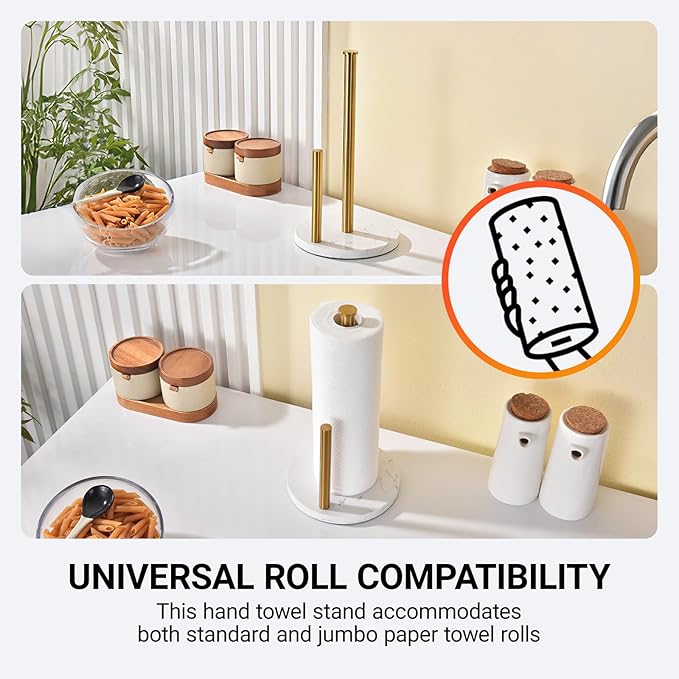 Hoooh Freestanding Paper Towel Holder for Kitchen Countertop - Non-Slip Marble Base, Brushed Gold Stainless Steel, Fits Standard & Jumbo Rolls