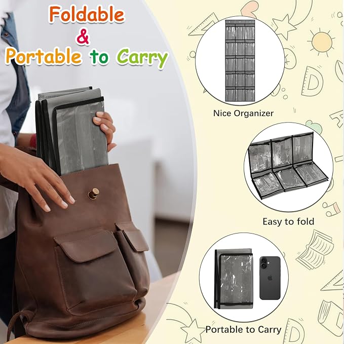 2 Pack Classroom Headphone Storage Organizer with 30 Pockets, PVC Clear Classroom Pocket Chart for Headphone Cell Phone Over-the-Door Hanging Headphone Holder Bag with 62 Labels(Grey)