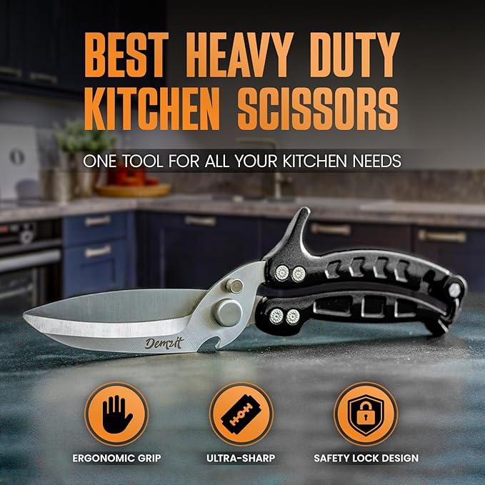 Poultry Shears Heavy Duty Professional, Kitchen Shears for Poultry,Turkey, Chicken & Bone Cutting, Multi-purpose kitchen Scissors Spring-Loaded, Dishwasher Safe, Meat Shear with Non-Slip Handle, Black