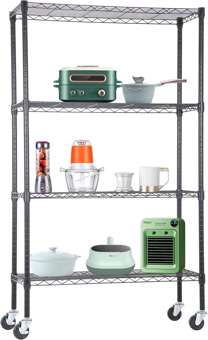 BestOffice | 4-Tier Wire Storage Shelves with Wheels | 36x14x62 | Black | Adjustable Racks | Heavy-Duty Metal Shelf, Holds Upto 500 lbs | No-Tool Assembly | Ideal for Home & Garage Shelving