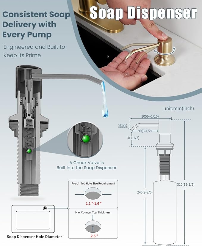 Gold Kitchen Faucet, Kitchen Faucet with Soap Dispenser, Kitchen Sink Faucet with Dual Function Spray Head and Deck Plate, 4 Hole Camper Farmhouse RV Sink Faucet with Sprayer