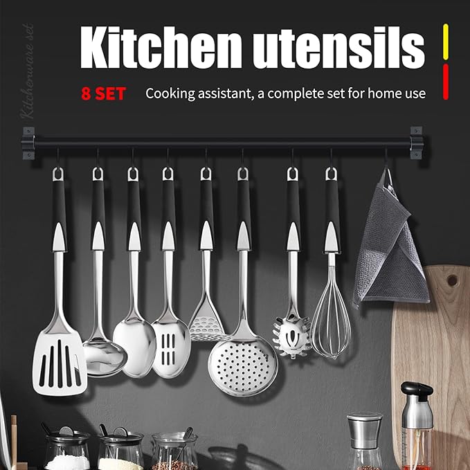 Stainless Steel Kitchen Utensil Set-8 PCS Stainless Steel Kitchen Utensil Set, Nonstick Kitchen Gadgets Cookware Set with Black PP Handle