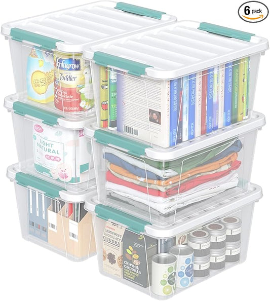 Sandmovie 20 Quart Storage Bin with Latching Lid, Plastic Clear Latch Storage Box, 6 Packs