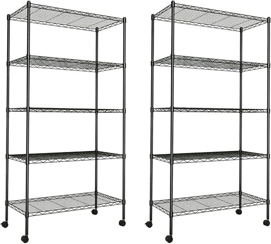 YSSOA Heavy Duty 5-Shelf Storage Shelving Unit, 1250lbs Loading Capacity, 29.92" D x 13.98" W x 62.99" H Adjustable Steel Organizer Wire Rack, Black, 2 Pack