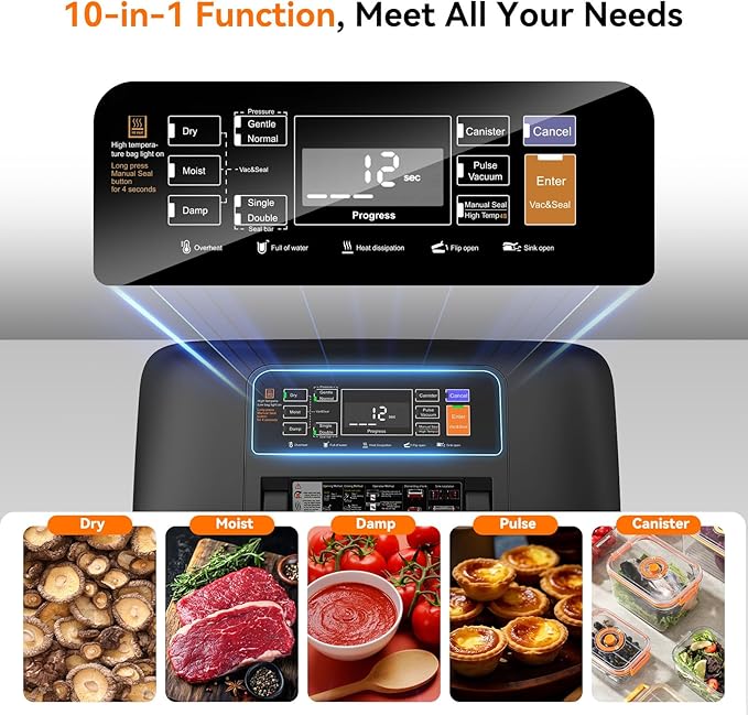 85Kpa Vacuum Sealer Machine - Christmas Kitchen Gifts, 10-in-1 Full Automatic Food Saver with Easy-Lock Handle, Built-in Cutter & Roll Storage for Dry/Moist Foods, Includes Bags & External Hose
