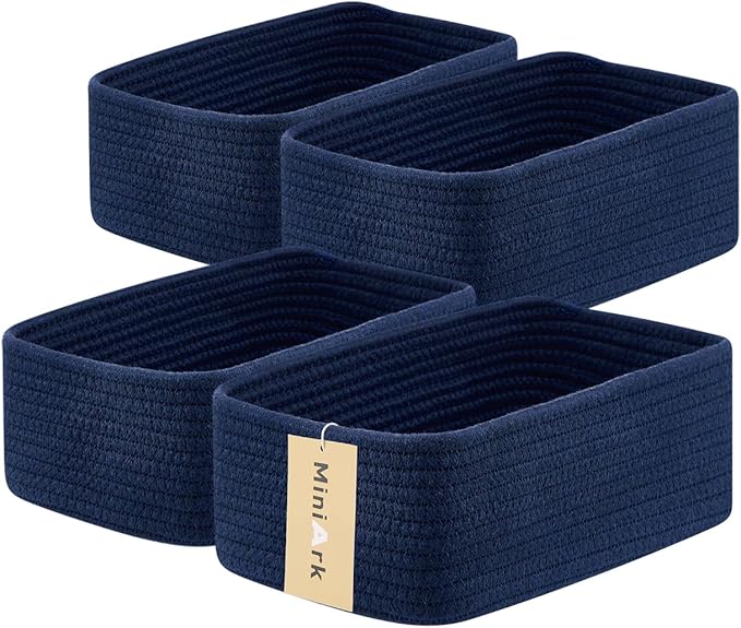MiniArk Small Storage Baskets for Organizing | Closet Organizer Bins | Shelf Toy Basket | Woven Rope Baskets | Cube Decorative Box | Shallow Basket | 11.5x7.5x4.7” | 4 Packs Navy Blue