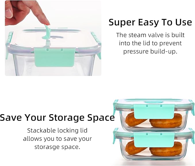 YANGNAY 10 Pack Glass Meal Prep Containers with Steam Vent, Food Storage Containers with Airtight Lids, Dishwasher/Microwave/Oven/Freezer Safe Glass Containers for Leftovers (Green)