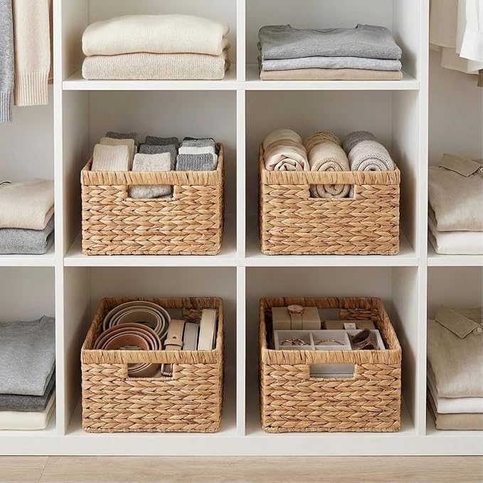 Water Hyacinth Woven Storage Baskets, Set of 4 Wicker Baskets for Organizing with Built-In Handles, Handwoven Rectangular Shelf Bins for Pantry, Bathroom, Kitchen, Closet (13 x 8.25 x 7 in)